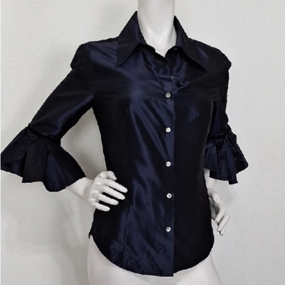 Naeem Khan Navy Blue 100% Silk Ruffle 3/4 Sleeves Button Front Blouse Size 8 - Picture 2 of 13